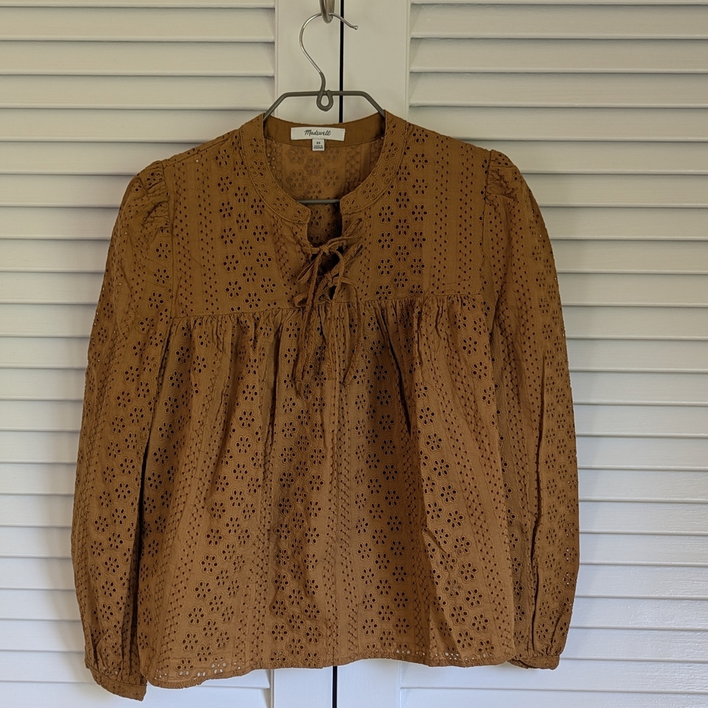 Madewell Mustard Brown Eyelet Lace-Up Women's Top XS